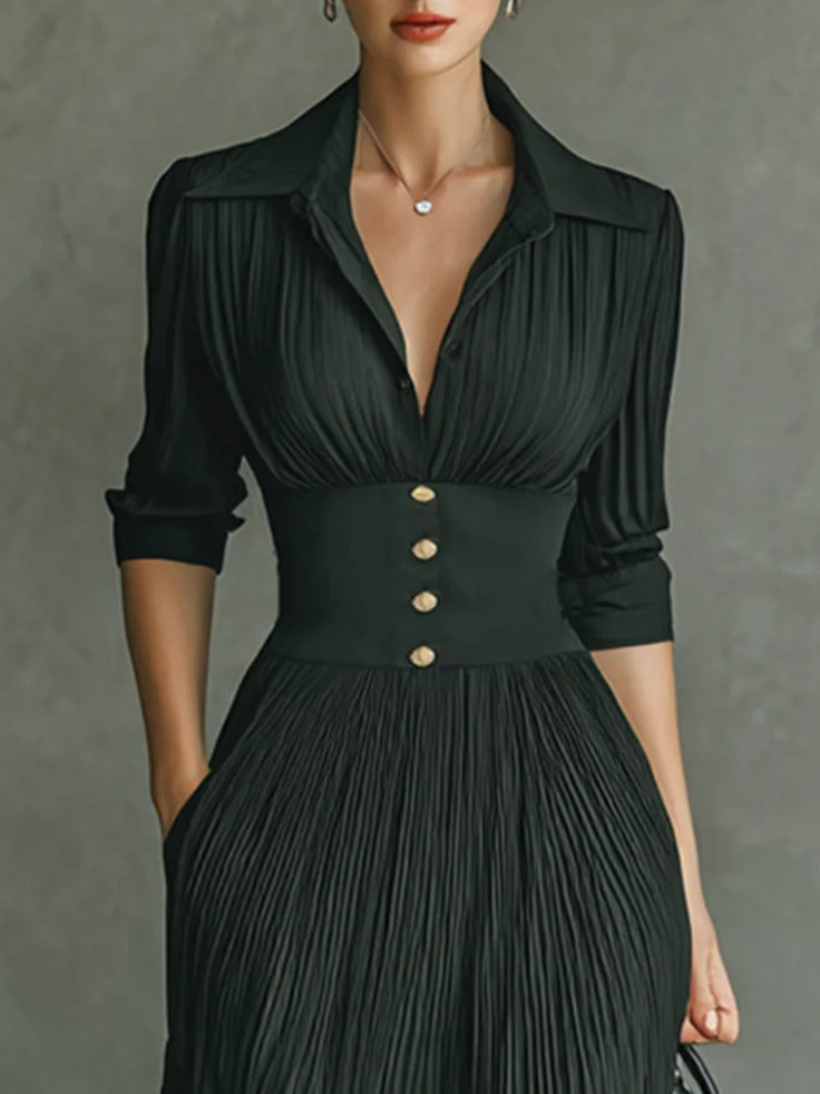 Tailored Pleated Belted Maxi Shirt Dress
