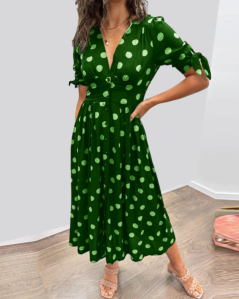 Polka Dot V-Neck Button-Front Dress