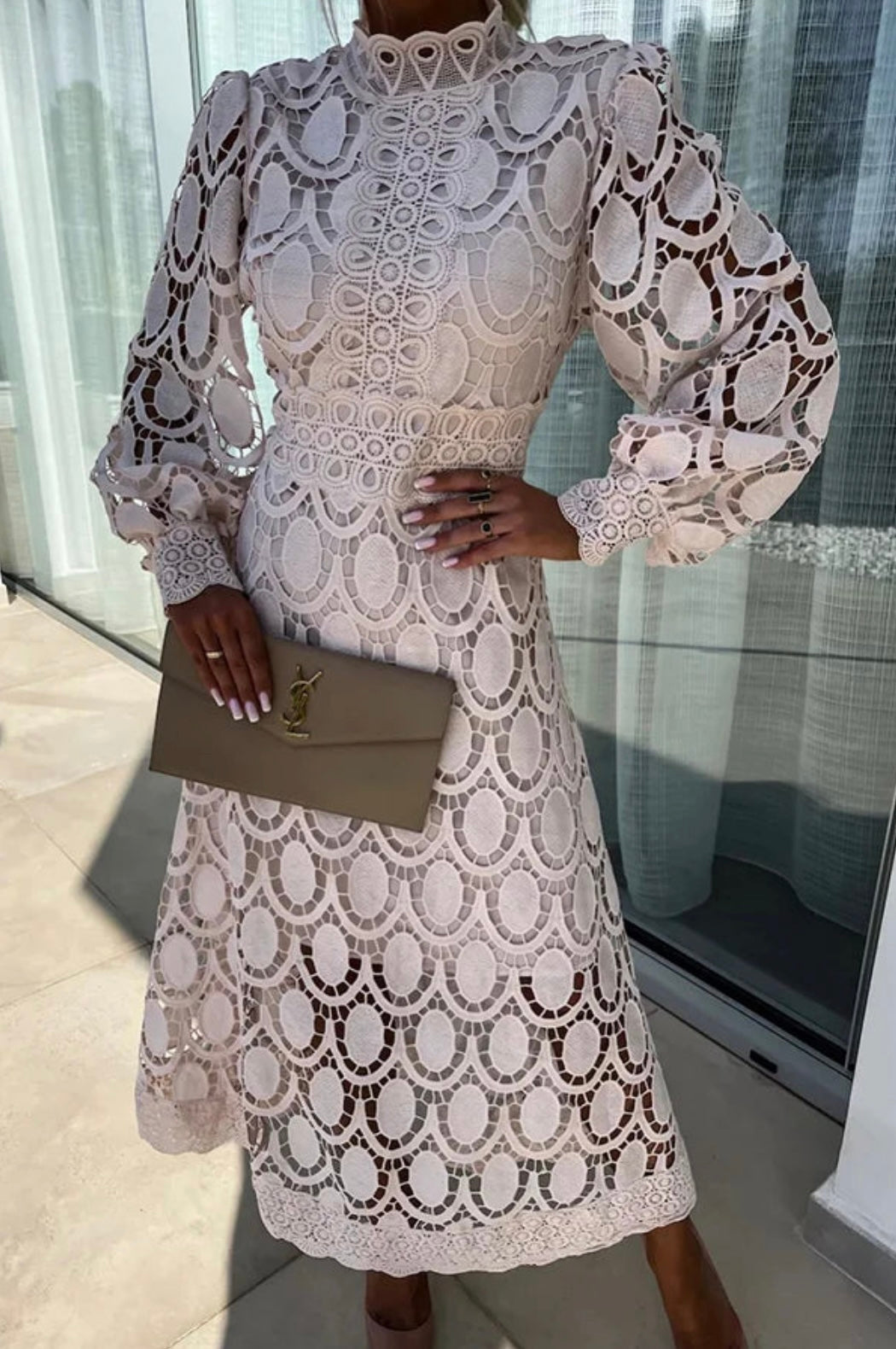 Elegant Lace Detail Midi Occasion Dress