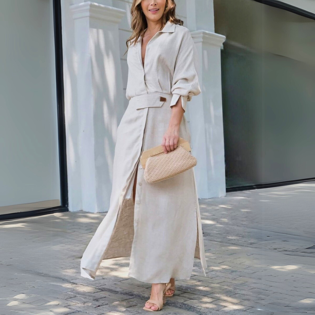 Pleated Lapel Waist-Tie Maxi Dress