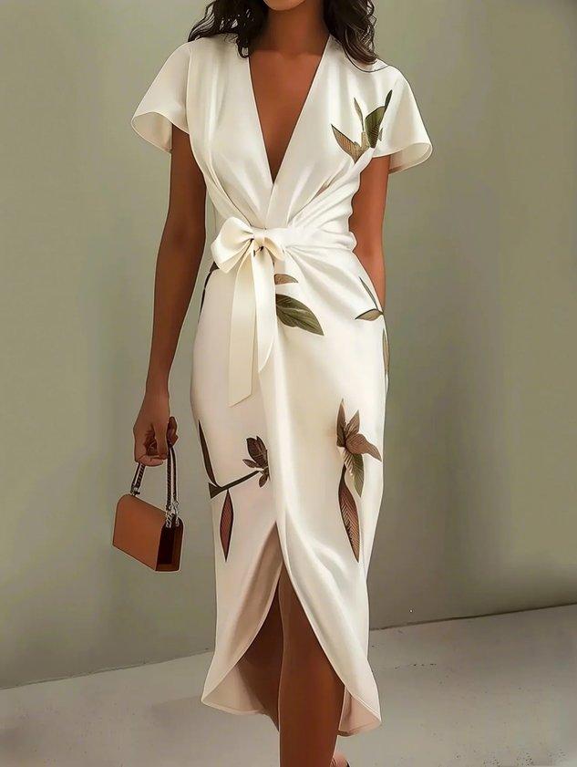 Belted V-Neck Wrap Midi Dress