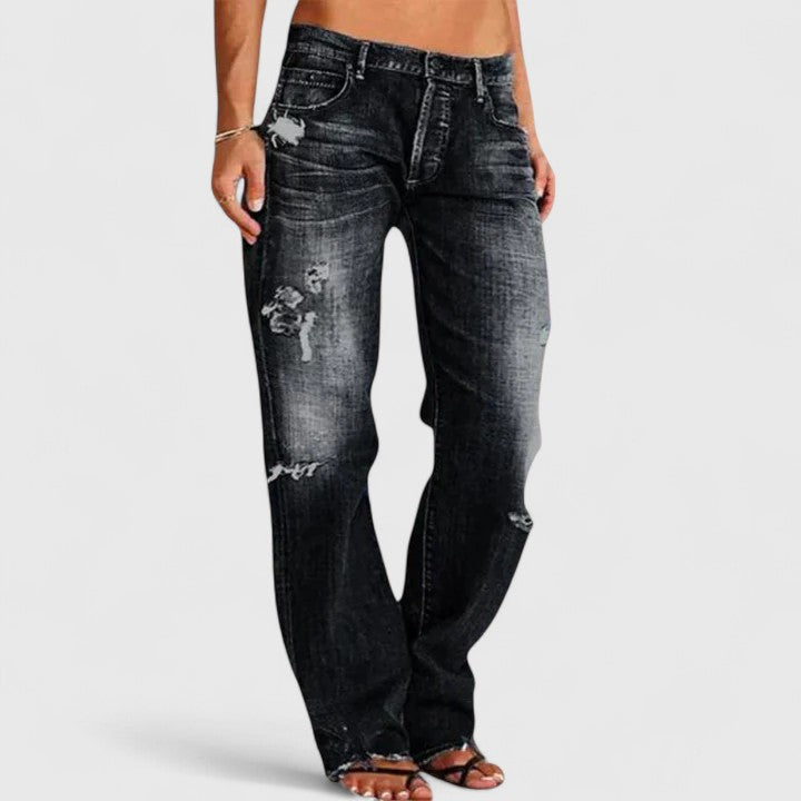 Low-Rise Distressed Straight Leg Denim Jeans