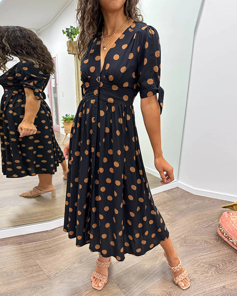 Polka Dot V-Neck Button-Front Dress