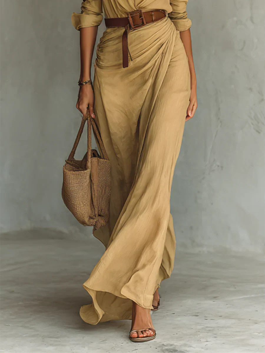 Tailored Lapel Belted Maxi Shirt Dress