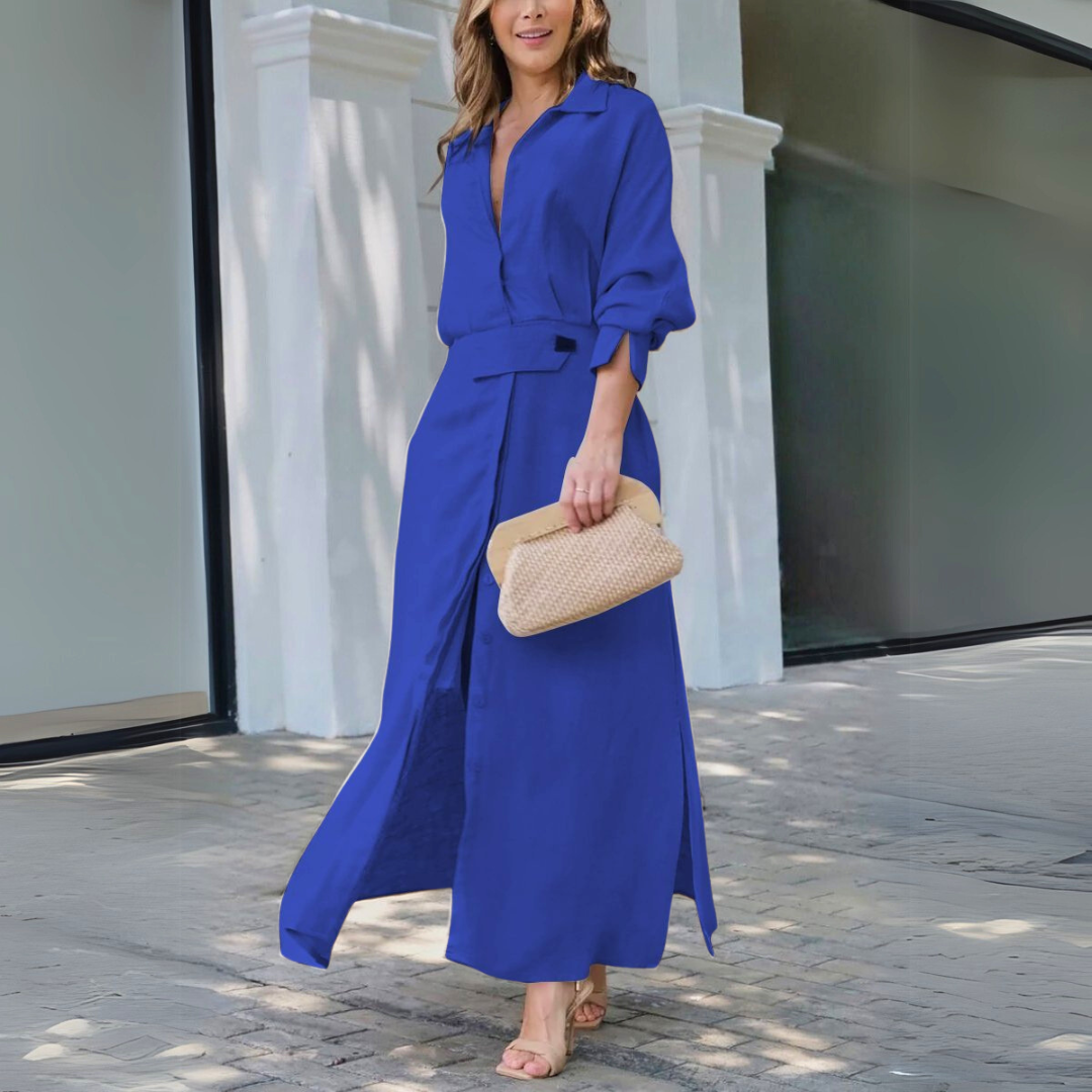 Pleated Lapel Waist-Tie Maxi Dress