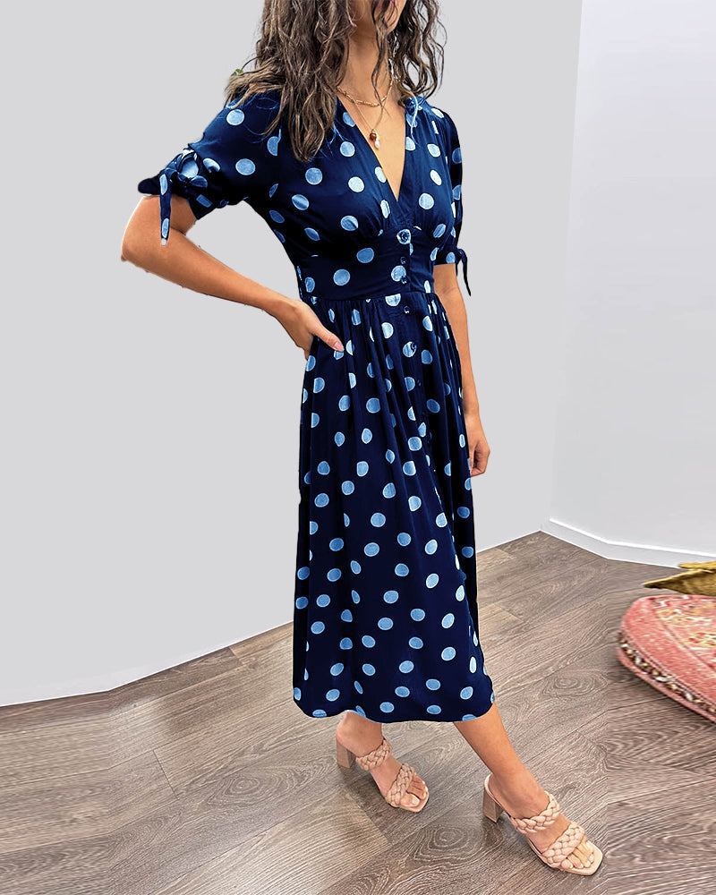 Polka Dot V-Neck Button-Front Dress