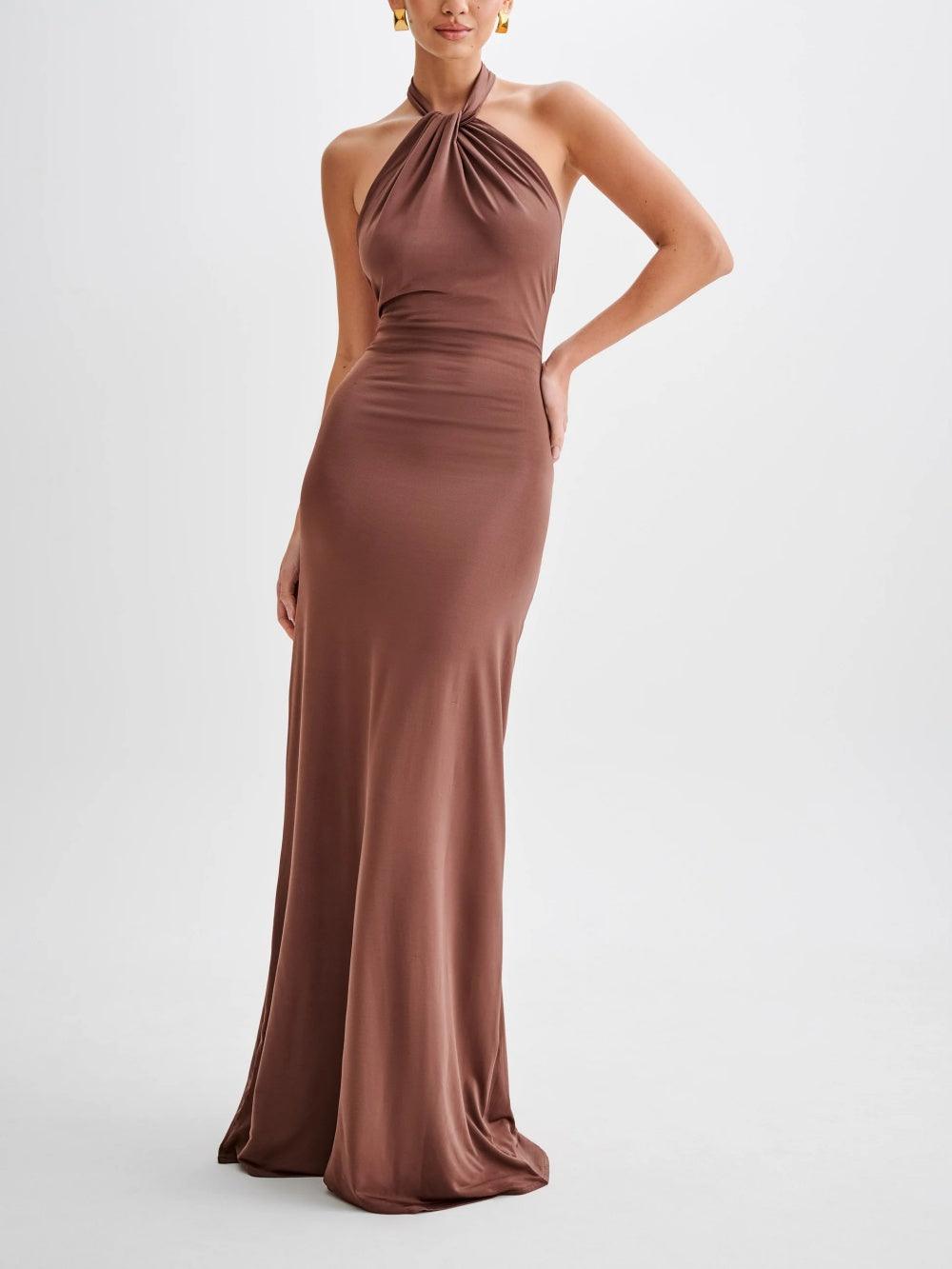 Ruched Open-Back Halter Maxi Dress