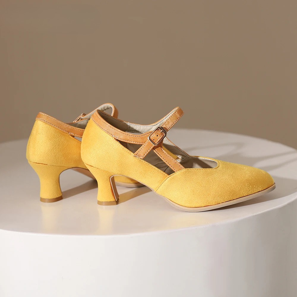 Suede Ankle Strap Closed-Toe Block Heel Pumps